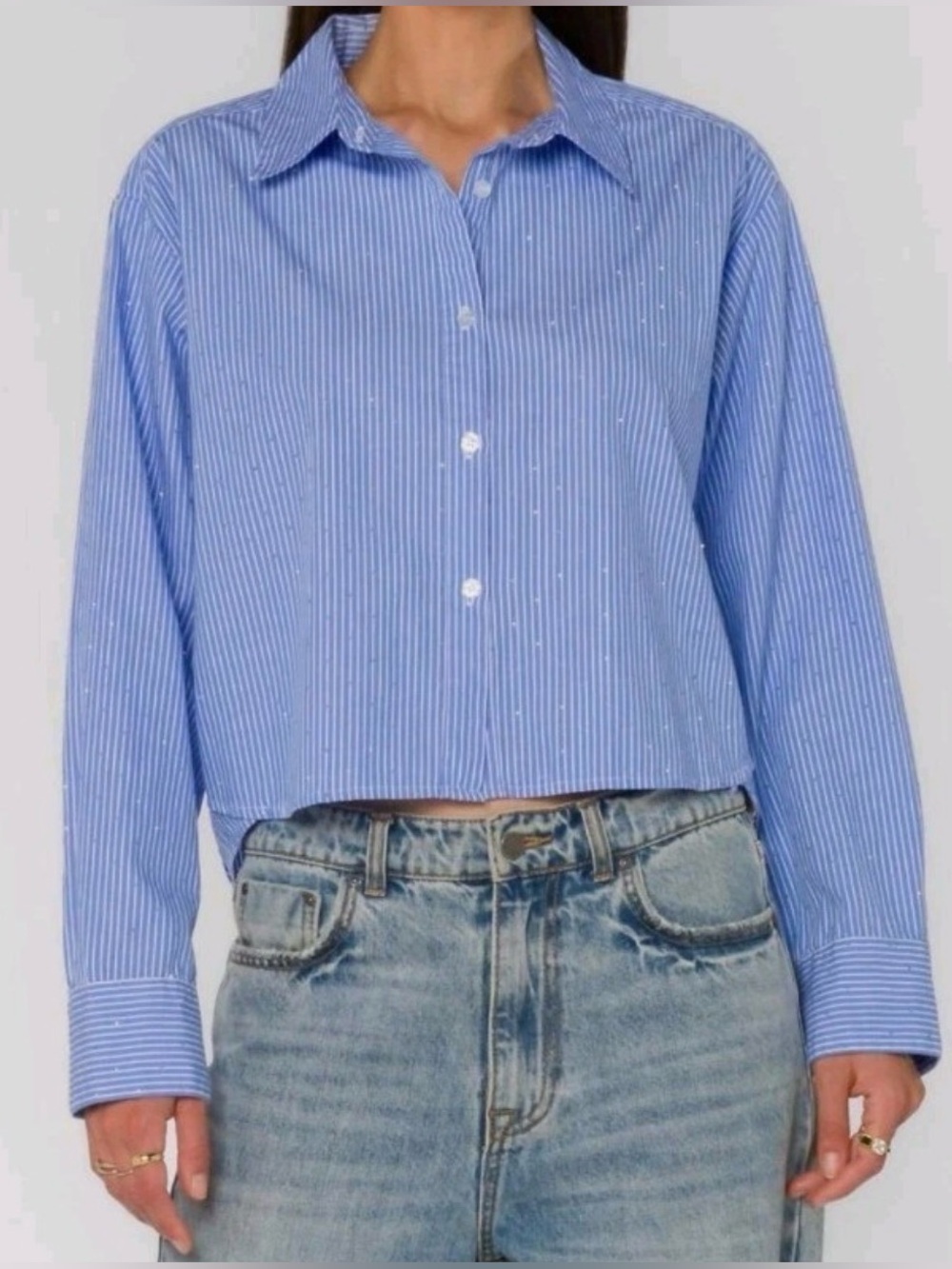 Womens Velvet Heart Crop Button Down Shirt With Rhinestones Large Blue Top